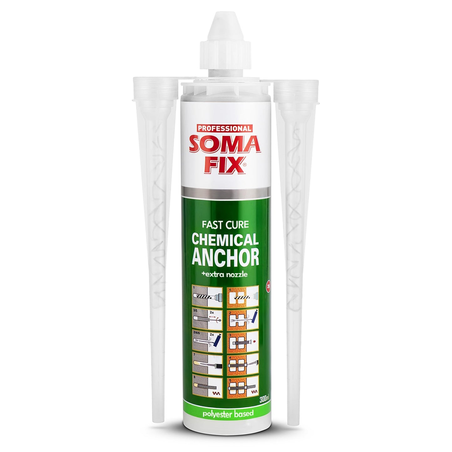 Chemical Anchor - Polyester Resin Adhesive for Brick, Concrete, Stone, Granite & Fixings - Grey Colour, Cures Rapidly + Extra Nozzle Included (300ml)
